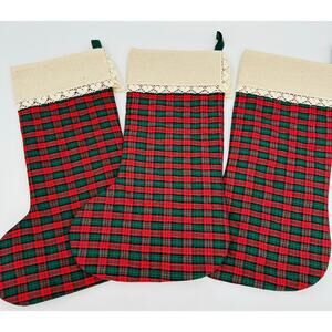3 Christmas Blank Cross Stitch Quilted Stockings Red Green Plaid w/ Heart Trim